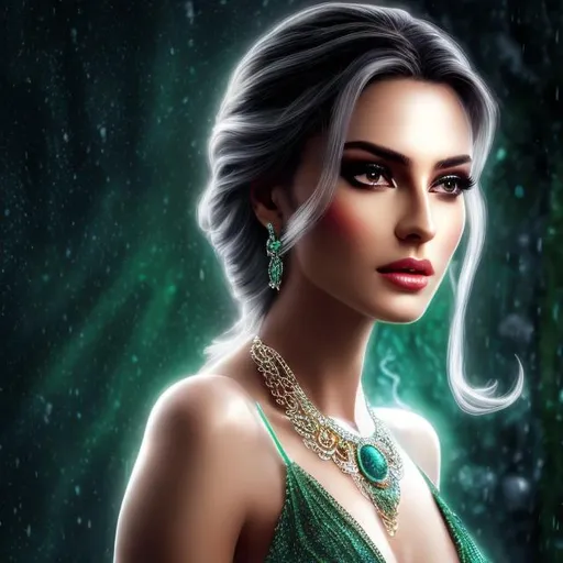 Prompt: HD 4k 3D 8k professional modeling photo hyper realistic beautiful woman ethereal greek goddess of misery
pale green wet hair gray eyes gorgeous face black skin silk greek dress with jewelry and gemstone headpiece full body surrounded by ambient glow hd landscape background standing in the raining gloomy underworld
