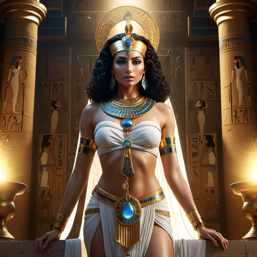 Prompt: HD 4k 3D 8k professional modeling photo hyper realistic beautiful woman Egyptian Princess ethereal greek goddess Amunet, primordial cosmic goddess, full body surrounded by ambient glow, Egyptian afterlife, enchanted, magical, highly detailed, intricate, highly realistic woman, high fantasy background, elegant, mythical, surreal lighting, majestic, goddesslike aura, Annie Leibovitz style 

