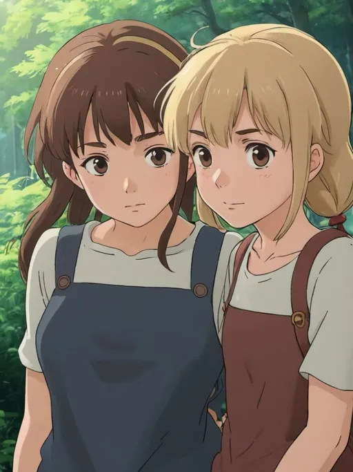 Prompt: 2d studio ghibli anime style, brown haired girl, blonde haired girl, anime scenery