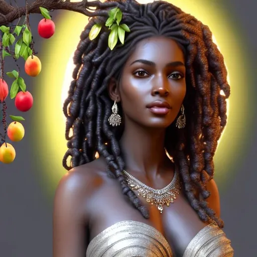 Prompt: HD 4k 3D, hyper realistic, professional modeling, ethereal  Greek goddess of fruit trees, silver dreadlock hair, black skin, gorgeous face, gorgeous fruit tree dress, tree jewelry and fruit tiara, full body, ambient glow, fruit tree nymph, landscape, detailed, elegant, ethereal, mythical, Greek, goddess, surreal lighting, majestic, goddesslike aura