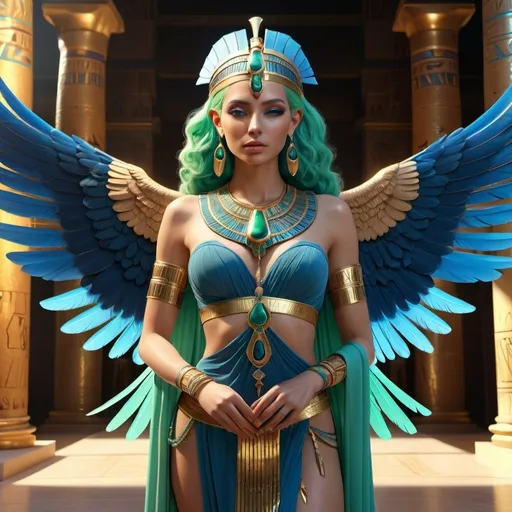 Prompt: HD 4k 3D, 8k, hyper realistic, professional modeling, ethereal Egyptian Goddess style, beautiful with vulture wings, glowing pale skin, green hair, mythical blue gown and jewelry, headband, full body, heavenly, Fantasy setting, colorful feathers, surrounded by ambient divine glow, detailed, elegant, surreal dramatic lighting, majestic, goddesslike aura, octane render, artistic and whimsical