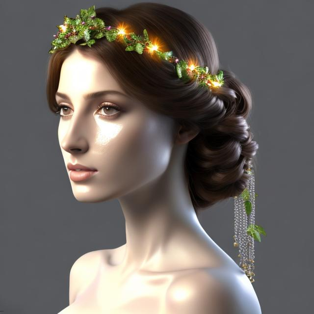 Prompt: HD 4k 3D, hyper realistic, professional modeling, ethereal  Greek goddess of fruit trees, black hair, pale freckled skin, gorgeous face, gorgeous fruit tree dress, tree jewelry and fruit diadem, full body, ambient glow, fruit tree nymph next to river, landscape, detailed, elegant, ethereal, mythical, Greek, goddess, surreal lighting, majestic, goddesslike aura