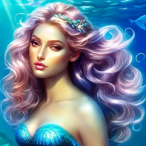 Prompt: HD 4k 3D 8k professional modeling photo hyper realistic beautiful women ethereal greek goddesses sea nymphs Oceanids
 all different colored hair gorgeous face ocean jewelry sea crowns all different colored mermaid tails full body surrounded by ambient glow hd landscape under the ocean mermaids

