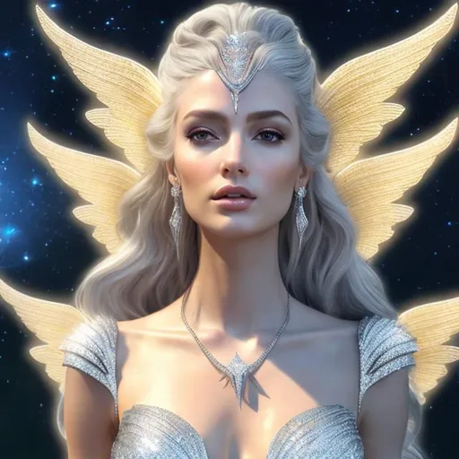 Prompt: HD 4k 3D, hyper realistic, professional modeling, ethereal Greek goddess of the stars, silver hair, pale skin, gorgeous face, gorgeous sparkling gown, sparkling jewelry and headpiece of stars, pixie wings, full body, ambient starlight glow,  background does with golden horns, dazzling light, landscape, detailed, elegant, ethereal, mythical, Greek, goddess, surreal lighting, majestic, goddesslike aura