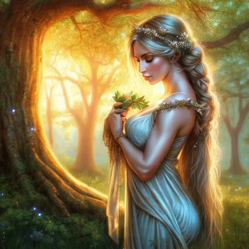 Prompt: HD 4k 3D, hyper realistic, professional modeling, ethereal Greek goddess of oak trees, blue hair, fair skin, gorgeous face, gorgeous rustic inspired dress, rustic jewelry and rustic headband, full body, ambient glow, oak tree forest nymph, landscape, detailed, elegant, ethereal, mythical, Greek, goddess, surreal lighting, majestic, goddesslike aura