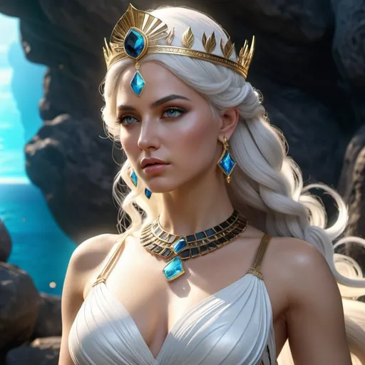 Prompt: HD 4k 3D, 8k, hyper realistic, professional modeling, ethereal Greek Goddess Princess of Sparta, white hair, white skin, gorgeous glowing face, colorful bridal dress, black gemstone jewelry and crown, standing in earthly paradise, surrounded by ambient divinity glow, detailed, elegant, mythical, surreal dramatic lighting, majestic, goddesslike aura
