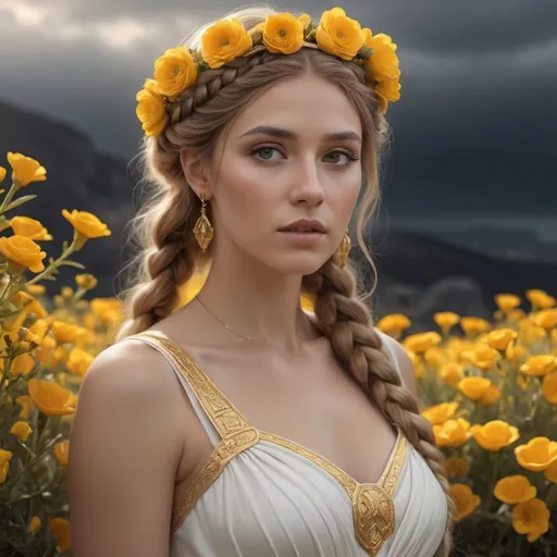 Prompt: HD 4k 3D, 8k, hyper realistic, professional modeling, ethereal Greek Goddess and Devoted Wife, orange milkmaid braid hair, beige skin, gorgeous face, bridal gown, yellow gemstone jewelry and buttercup headband, at outdoor altar, surrounded by dark gloomy background except yellow flowers and glowing goddess, surrounded by ambient divine glow, detailed, elegant, ethereal, mythical, Greek, goddess, surreal lighting, majestic, goddesslike aura