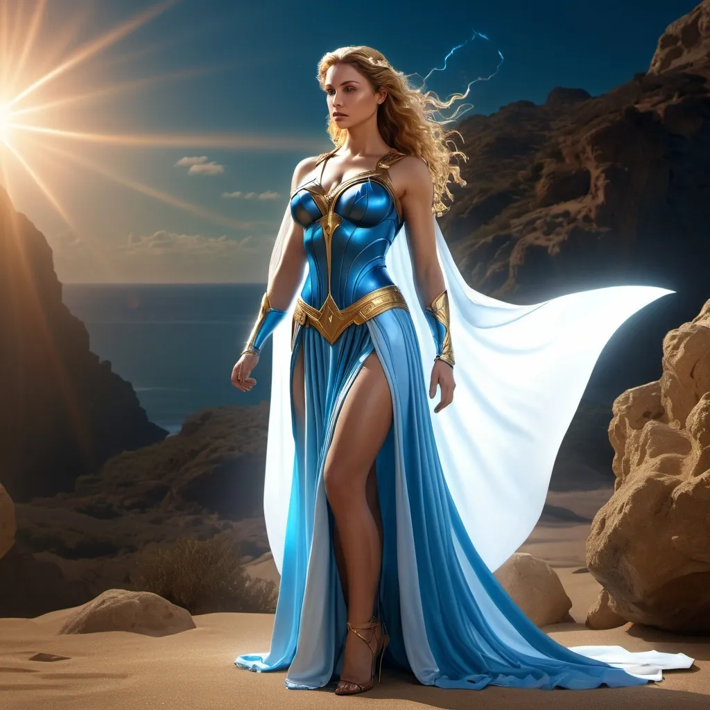 Prompt: HD 4k 3D 8k professional modeling photo hyper realistic beautiful woman enchanted Superheroine Princess Projectra, ethereal greek goddess, full body surrounded by ambient glow, magical, highly detailed, intricate, beautiful superheroine style, magic powers, sorceress, illusions, outdoor landscape, highly realistic woman, high fantasy background, elegant, mythical, surreal lighting, majestic, goddesslike aura, Annie Leibovitz style 


