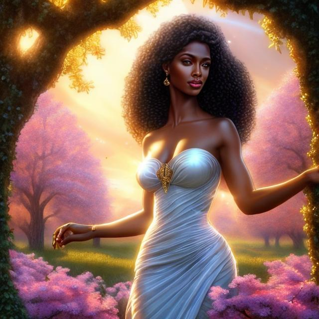 Prompt: HD 4k 3D, hyper realistic, professional modeling, ethereal  Greek goddess of fruit trees, shiny black hair, brown skin, gorgeous face, gorgeous tree dress, shining jewelry and tiara, full body, ambient shining glow, sheep in orchard, landscape, detailed, elegant, ethereal, mythical, Greek, goddess, surreal lighting, majestic, goddesslike aura