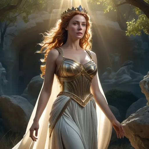 Prompt: HD 4k 3D 8k professional modeling photo hyper realistic beautiful woman enchanted Princess Cordelia of France, ethereal greek goddess, full body surrounded by ambient glow, magical, highly detailed, intricate, leading French army, brave and good, outdoor landscape, high fantasy background, elegant, mythical, surreal lighting, majestic, goddesslike aura, Annie Leibovitz style 

