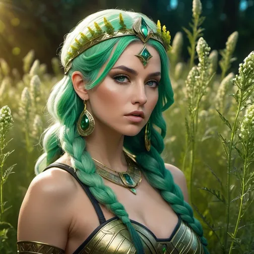 Prompt: HD 4k 3D, 8k, hyper realistic, professional modeling, ethereal Greek Goddess and Amazonian Warrior, green hair, pale skin, gorgeous glowing face, Amazonian Warrior fur armor, sphalerite jewelry and headband, Amazon warrior, tattoos, full body, combative, in a field of yarrow flowers, surrounded by ambient divine glow, detailed, elegant, mythical, surreal dramatic lighting, majestic, goddesslike aura