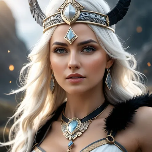 Prompt: Rheda Norse Goddess of War Victory, hyper realistic, HD 4k 3D, professional modeling, ethereal, white hair, fair skin, gorgeous face, gorgeous jewelry and headband, Valkyrie warrior strong and proud, ambient glow, detailed, elegant, ethereal, mythical, goddess, radiant lighting, majestic, goddesslike aura, Norse Mythology