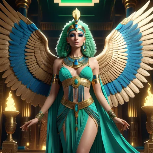 Prompt: HD 4k 3D, 8k, hyper realistic, professional modeling, ethereal Egyptian Goddess style, beautiful with vulture wings, glowing pale skin, green hair, mythical blue gown and jewelry, headband, full body, heavenly, Fantasy setting, colorful feathers, surrounded by ambient divine glow, detailed, elegant, surreal dramatic lighting, majestic, goddesslike aura, octane render, artistic and whimsical