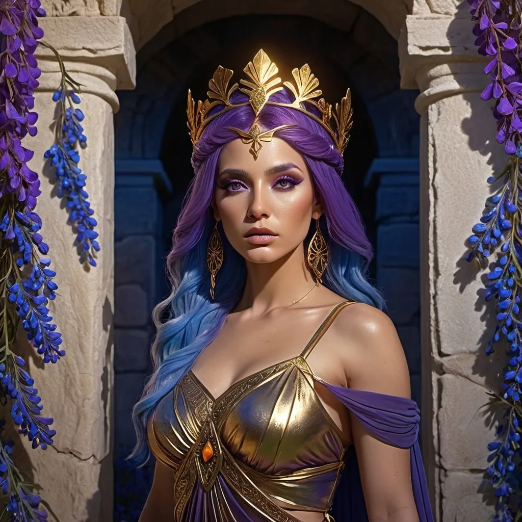 Prompt: HD 4k 3D, 8k, hyper realistic, professional modeling, ethereal Greek Goddess Vengeful Princess, purple hair, mixed skin, gorgeous glowing face, flowing amber dress, blue gemstone jewelry and headpiece, vengeful, holding a dagger outside a tomb, bluebonnets, bloody, surrounded by ambient divinity glow, detailed, elegant, mythical, surreal dramatic lighting, majestic, goddesslike aura
