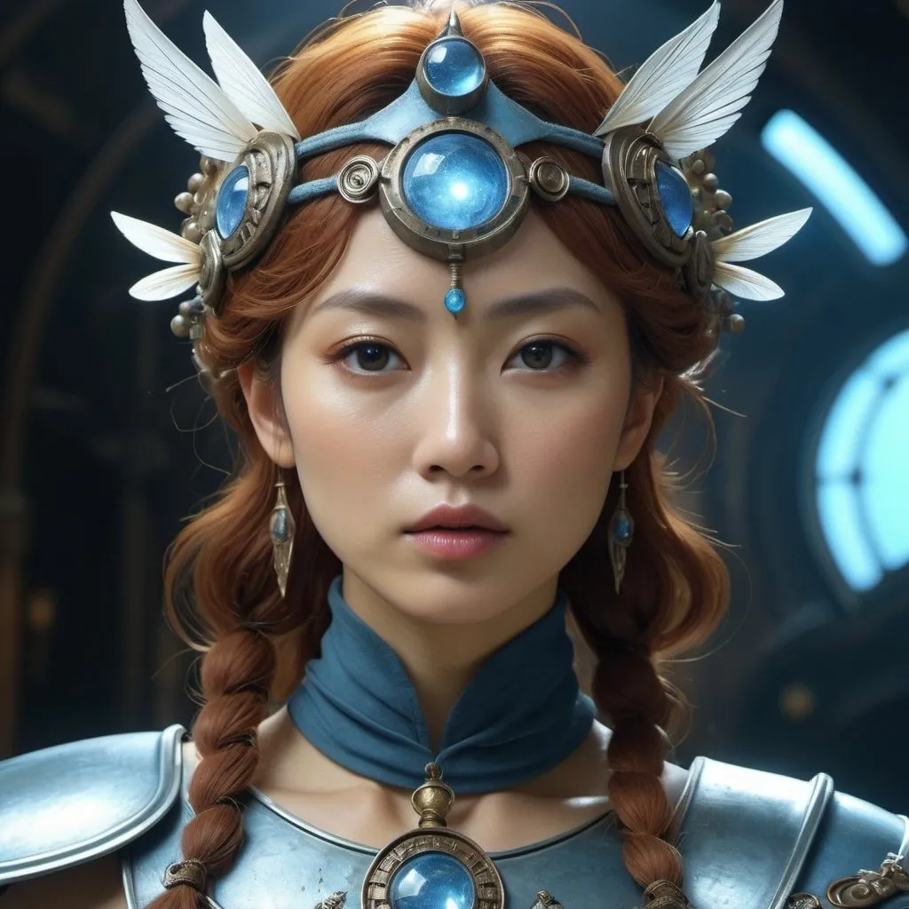 Prompt: HD 4k 3D, hyper realistic, professional modeling, enchanted Japanese post apocalyptic Princess - Nausicaa, fierce, beautiful, magical, sci-fi, high fantasy background, detailed, highly realistic woman, elegant, ethereal, mythical, Greek goddess, surreal lighting, majestic, goddesslike aura, Annie Leibovitz style 