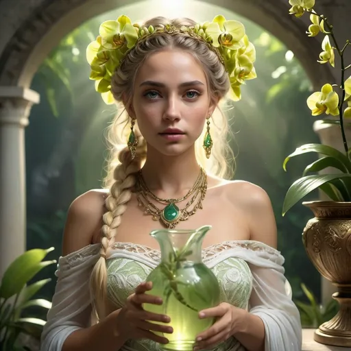 Prompt: HD 4k 3D, 8k, hyper realistic, professional modeling, ethereal Greek Goddess the Blameless, yellow french braided hair, medium skin, gorgeous face, bohemian lace gown, green gemstone jewelry and tiara, holding water pitcher, magical well, green orchids and flowers, surrounded by ambient divine glow, detailed, elegant, ethereal, mythical, Greek, goddess, surreal lighting, majestic, goddesslike aura