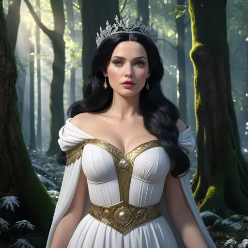 Prompt: HD 4k 3D, hyper realistic, professional modeling, enchanted German Princess - Snow White, black hair, beautiful, magical, beautiful forest, detailed, elegant, ethereal, mythical, Greek goddess, surreal lighting, majestic, goddesslike aura