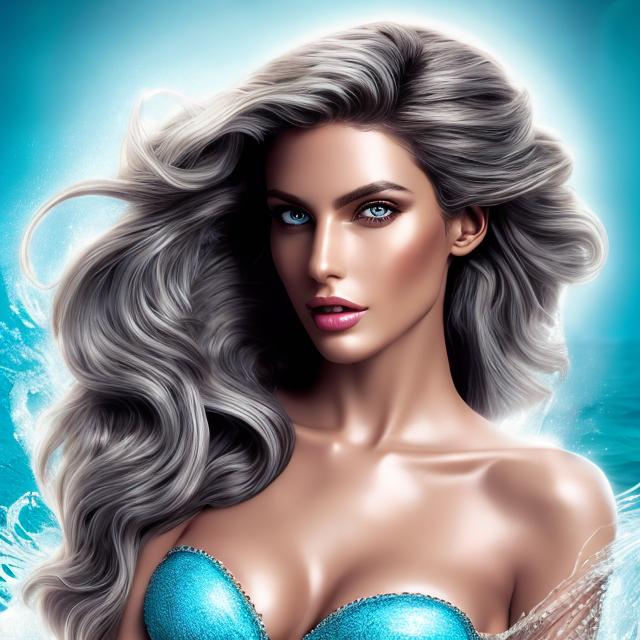 Prompt: HD 4k 3D 8k professional modeling photo hyper realistic beautiful woman ethereal mighty powerful greek goddess sea nymph of the ocean tides
gray hair brown skin gorgeous face  ocean jewelry ocean headpiece mermaid tail full body surrounded by ambient glow hd landscape stormy ocean waves seagulls flying overhead

