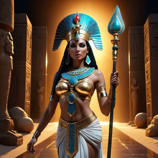 Prompt: HD 4k 3D, 8k, hyper realistic, professional modeling, ethereal Egyptian Goddess Amunet, gorgeous glowing skin, primordial goddess clothing and jewelry, red crown, full body, carrying a staff, "the hidden one", mysterious dark landscape, surrounded by ambient divine glow, detailed, elegant, mythical, surreal dramatic lighting, majestic, goddesslike aura