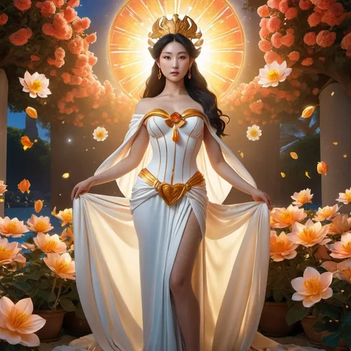 Prompt: HD 4k 3D 8k professional modeling photo hyper realistic beautiful woman enchanted Venus Princess Minako, ethereal greek goddess, full body surrounded by ambient glow, magical, highly detailed, intricate, beautiful Sailor Venus style, Venus, colorful flowers, light manipulation effect, outdoor landscape, highly realistic woman, high fantasy background, elegant, mythical, surreal lighting, majestic, goddesslike aura, Annie Leibovitz style 

