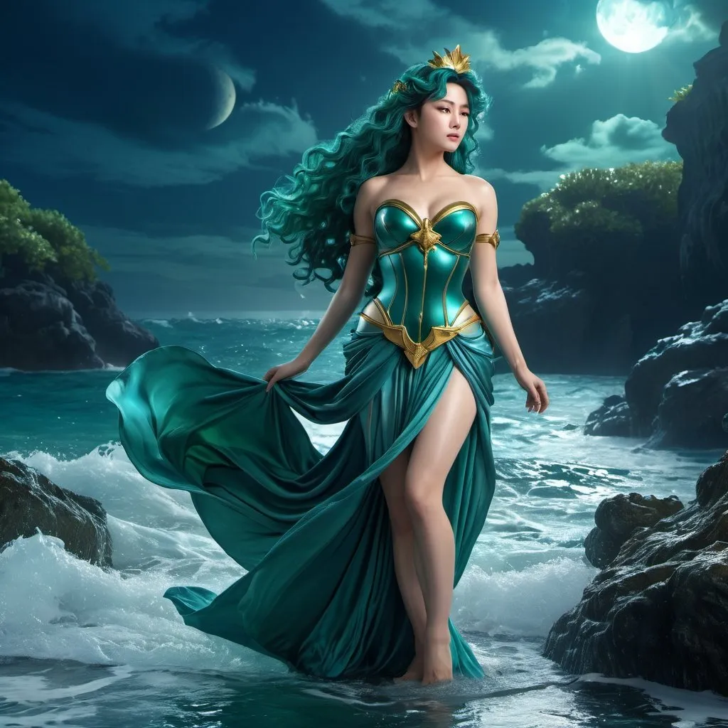 Prompt: HD 4k 3D 8k professional modeling photo hyper realistic beautiful woman enchanted Neptune Princess Michiru, ethereal greek goddess, full body surrounded by ambient glow, magical, highly detailed, intricate, beautiful Sailor Neptune style, Neptune, goddess of stormy sea, seaweed, astral, outdoor landscape, highly realistic woman, high fantasy background, elegant, mythical, surreal lighting, majestic, goddesslike aura, Annie Leibovitz style 

