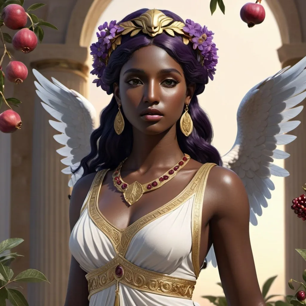 Prompt: HD 4k 3D, hyper realistic, professional modeling, ethereal Greek Goddess of Youth, dark purple hair, black skin, gorgeous face,  grecian sleeveless dress, gold jewelry and floral headband, full body, wings,  eternal youth and beauty, cup-bearer, eagle companion, pomegranates, and blooming floral garden, detailed, elegant, ethereal, mythical, Greek, goddess, surreal lighting, majestic, goddesslike aura