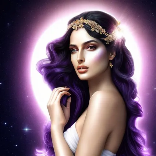 Prompt: HD 4k 3D, hyper realistic, professional modeling, ethereal Greek goddess of morning washing, dark purple ombre hair, white skin, gorgeous face, sparkling jewelry and headband, full body, ambient glow of morning, alluring sun goddess of bathing, bubbles, detailed, elegant, ethereal, mythical, Greek, goddess, surreal lighting, majestic, goddesslike aura