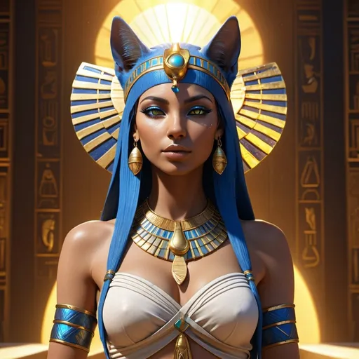 Prompt: HD 4k 3D, 8k, hyper realistic, professional modeling, ethereal Egyptian Sun Goddess Bastet, beautiful, glowing tan skin, blue hair, mythical clothing and jewelry, headband, catlike full body, cat companions, sunshine, surrounded by ambient divine glow, detailed, elegant, surreal dramatic lighting, majestic, goddesslike aura