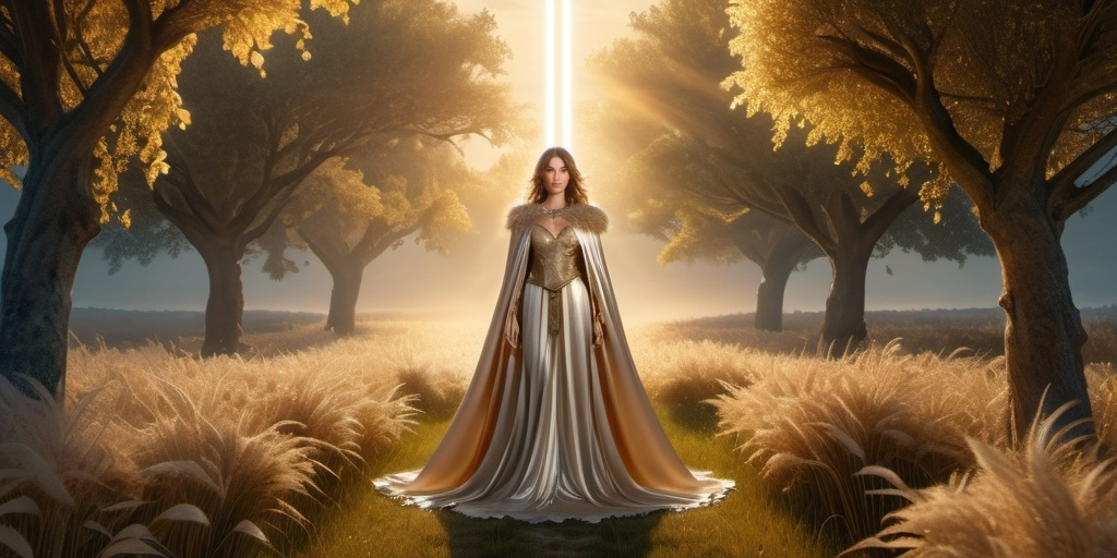 Prompt: Freja Norse Goddess of Love, beauty and gold,  hyperrealistic, HD 4k 3D 8k professional modeling photo, beautiful mixed tone maiden, enchanted, lady wears a feathered cloak and a beautiful necklace, surrounded by ambient glow in heavenly field, magical, highly detailed, intricate, mythical background, elegant, surreal lighting, majestic, goddesslike aura