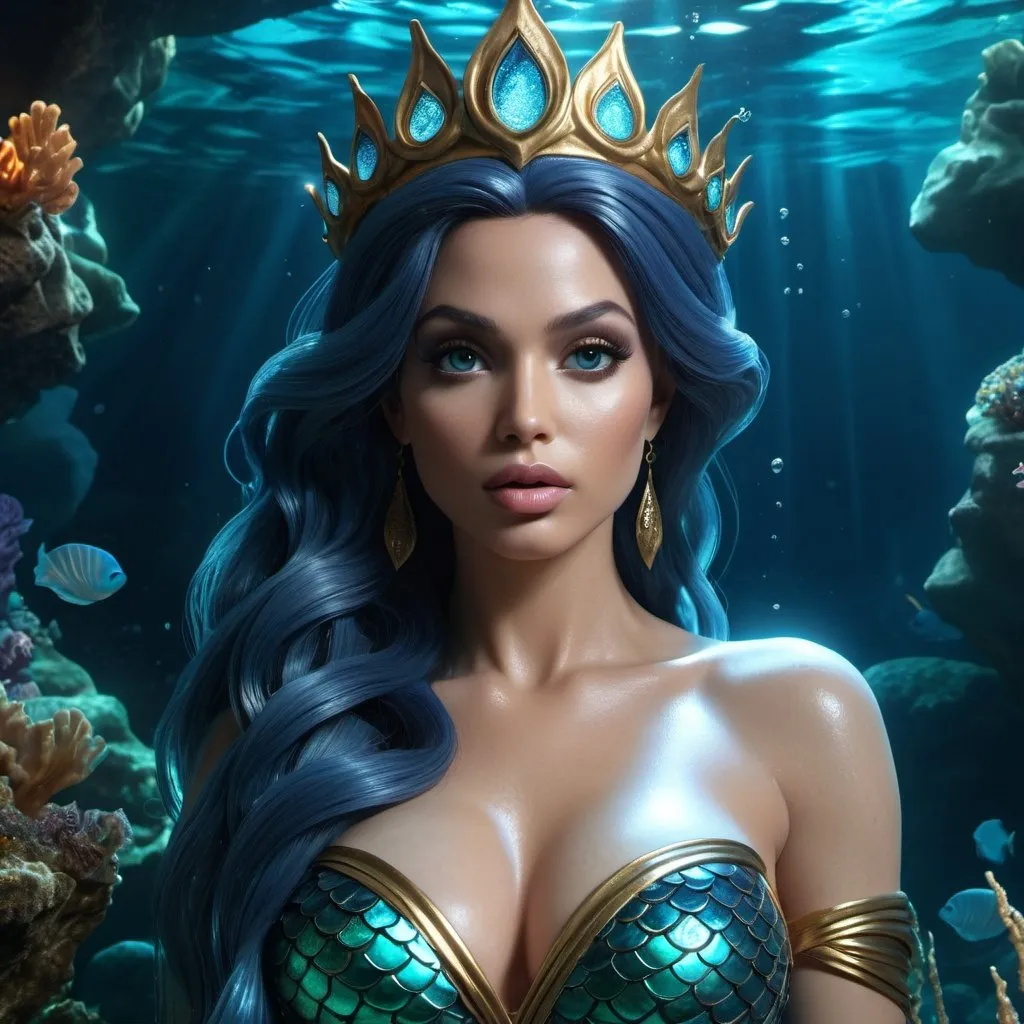 Prompt: HD 4k 3D, hyper realistic, professional modeling, enchanted evil Mermaid Princess, dark, beautiful, magical, sorceress, underwater fantasy grotto, detailed, elegant, ethereal, mythical, Greek goddess, surreal lighting, majestic, goddesslike aura