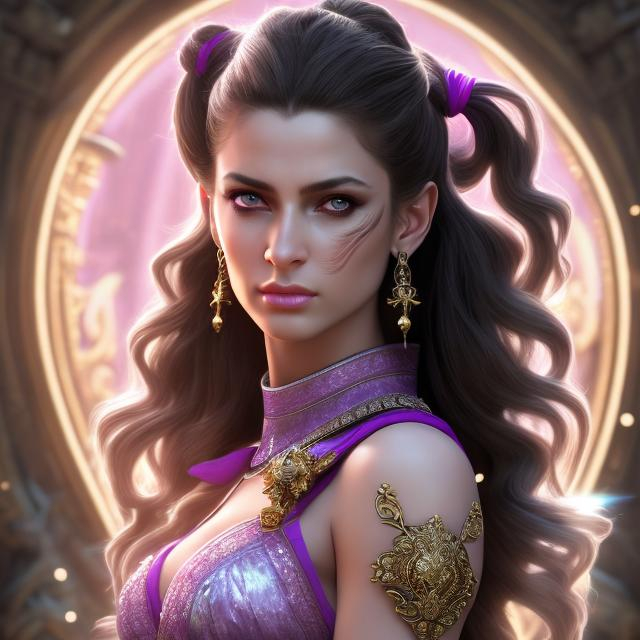 Prompt: HD 4k 3D 8k professional modeling photo hyper realistic beautiful woman ethereal greek goddess of judicial punishment
light purple pigtails hair brown eyes olive skin gorgeous face shimmering gem encrusted armor regal jewelry regal headpiece holding keys and weapon full body surrounded by ambient glow hd landscape background she guards prisoners, cells, prison, cages, lions and tigers
