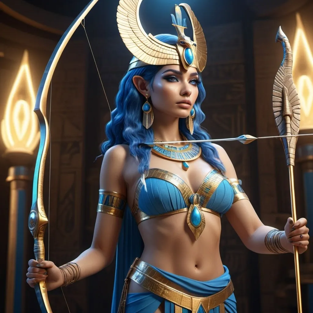 Prompt: HD 4k 3D, 8k, hyper realistic, professional modeling, ethereal Egyptian Goddess style, beautiful with bow and arrow, glowing fair skin, blue hair, mythical crocodile skin outfit and jewelry, tiara, full body, heavenly ruler of the cosmos, Fantasy setting, surrounded by ambient divine glow, detailed, elegant, surreal dramatic lighting, majestic, goddesslike aura, octane render, artistic and whimsical