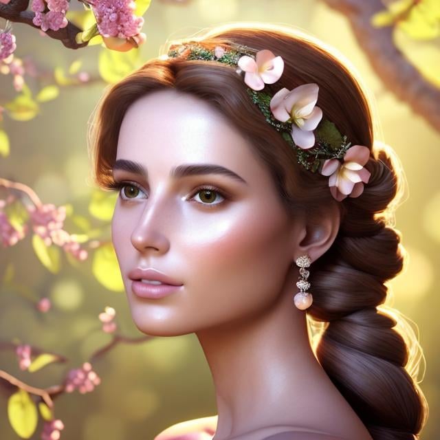 Prompt: HD 4k 3D, hyper realistic, professional modeling, ethereal Greek goddess of apple trees, light brown pigtail hair, olive skin, gorgeous face, gorgeous white dress, rustic jewelry and apple blossom headpiece, full body, ambient glow, apple tree orchard, landscape, detailed, elegant, ethereal, mythical, Greek, goddess, surreal lighting, majestic, goddesslike aura