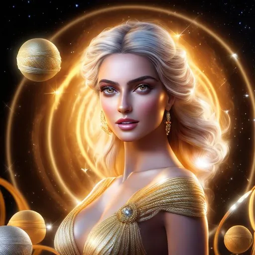 Prompt: HD 4k 3D 8k professional modeling photo hyper realistic beautiful young woman ethereal greek goddess spinner of life
white hair light eyes gorgeous face tan skin elegant greek dress and jewelry holding ball of gold yarn, spins the golden thread of life full body surrounded by ambient glow hd landscape background dark cosmos standing next to spindle
