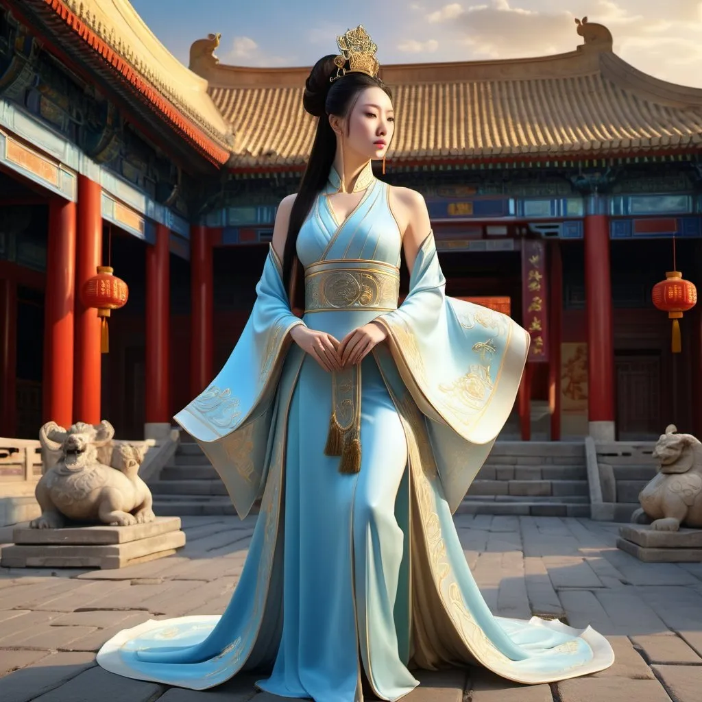 Prompt: HD 4k 3D 8k professional modeling photo hyper realistic beautiful woman Imperial Chinese Princess ethereal greek goddess gorgeous face full body surrounded by ambient glow, enchanted, magical, detailed, highly realistic woman, high fantasy background, Forbidden City courtyard China, elegant, mythical, surreal lighting, majestic, goddesslike aura, Annie Leibovitz style 

