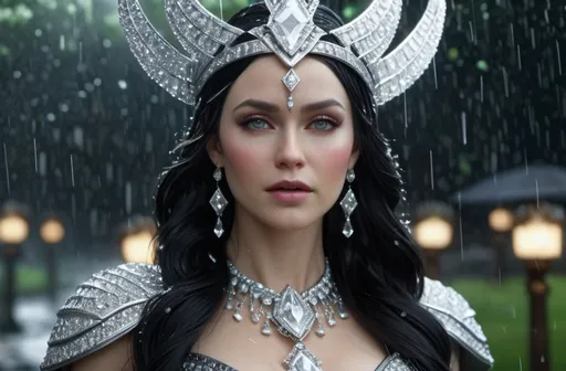 Prompt: Hnoss Norse Goddess of Jewels, hyper realistic, HD 4k 3D, professional modeling, ethereal, shiny black hair, pale skin, gorgeous face, gorgeous jewelry and headpiece of diamonds, standing in the rain, covered in diamonds, ambient glow, detailed, elegant, ethereal, mythical, goddess, radiant lighting, majestic, goddesslike aura, Norse Mythology