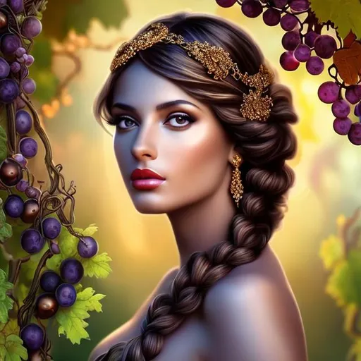 Prompt: HD 4k 3D, hyper realistic, professional modeling, ethereal  Greek goddess of grapevines, wine purple rope braid hair, brown skin, gorgeous face, gorgeous grapevine dress, grapevine jewelry and grapevine headband, full body, ambient glow, grapevine nymph, landscape, detailed, elegant, ethereal, mythical, Greek, goddess, surreal lighting, majestic, goddesslike aura