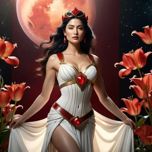 Prompt: HD 4k 3D 8k professional modeling photo hyper realistic beautiful woman enchanted Mars Princess Rei, ethereal greek goddess, full body surrounded by ambient glow, magical, highly detailed, intricate, beautiful Sailor Mars style, Mars, rubies and white casablanca lilies, outdoor landscape, highly realistic woman, high fantasy background, elegant, mythical, surreal lighting, majestic, goddesslike aura, Annie Leibovitz style 

