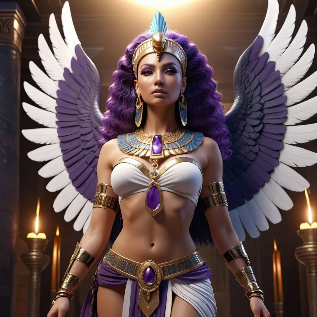 Prompt: HD 4k 3D, 8k, hyper realistic, professional modeling, ethereal Egyptian Goddess warrior style, beautiful with griffon wings, glowing beige skin, purple hair, mythical black, red, and white outfit and jewelry, diadem, full body, goddess of war, Fantasy setting, surrounded by ambient divine glow, detailed, elegant, surreal dramatic lighting, majestic, goddesslike aura, octane render, artistic and whimsical