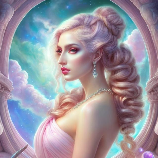 Prompt: HD 4k 3D, hyper realistic, professional modeling, ethereal Greek goddess of the Clouds, pink hair in double buns, gorgeous face, pale skin, gorgeous pastel gown, gemstone jewelry and tiara, pixie wings, full body, ambient glow, sitting in the colorful clouds, dazzling light, landscape, detailed, elegant, ethereal, mythical, Greek, goddess, surreal lighting, majestic, goddesslike aura