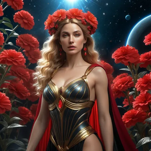 Prompt: HD 4k 3D 8k professional modeling photo hyper realistic beautiful woman Sci-Fi Space Princess ethereal greek goddess gorgeous face full body surrounded by ambient glow, cosmic, enchanted, magical, detailed, highly realistic woman, high fantasy Alderaan background, elegant, mythical, surreal lighting, majestic, goddesslike aura, red and black flowers, Annie Leibovitz style 

