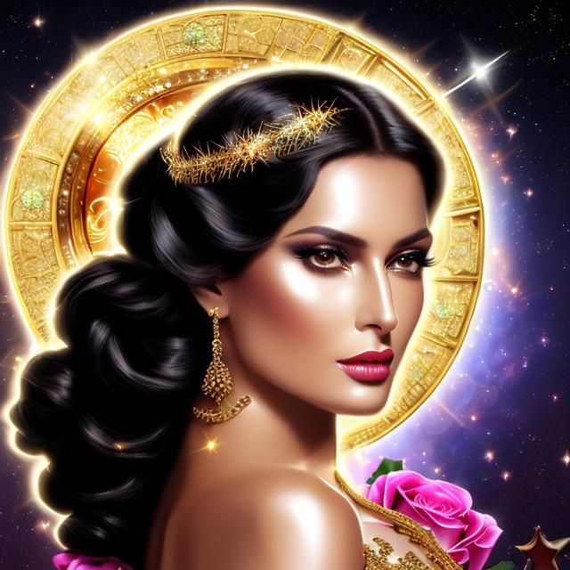 Prompt: HD 4k 3D 8k professional modeling photo hyper realistic beautiful woman ethereal greek goddess fairy of the dawn
black hair gorgeous face dark skin gold gown with roses gold shining jewelry gold shining diadem fairy wings full body surrounded by ambient rosy glow of the sun hd landscape magic cosmic sky changing from night to dawn 

