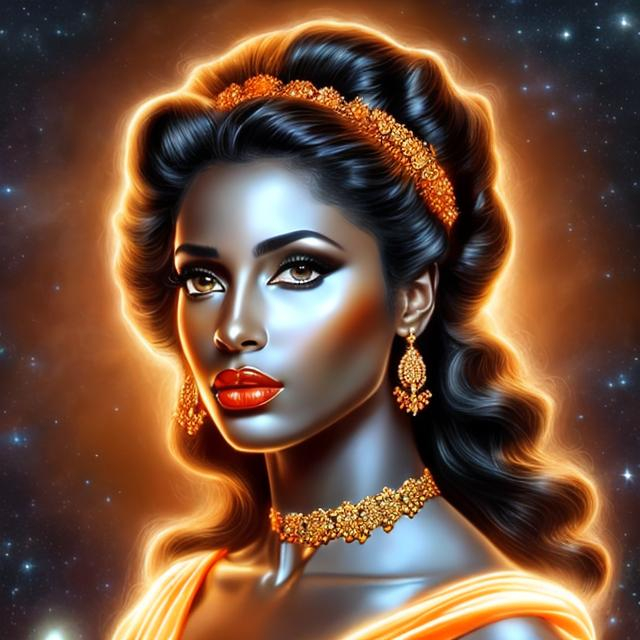 Prompt: HD 4k 3D, hyper realistic, professional modeling, ethereal Greek goddess of evening, black and white victory roll hair, dark skin, gorgeous face, golden orange velvet gown, evening jewelry and headband, full body, soft ambient yellow-orange glow of evening, alluring goddess, evening sky, birds in sky, detailed, elegant, ethereal, mythical, Greek, goddess, surreal lighting, majestic, goddesslike aura