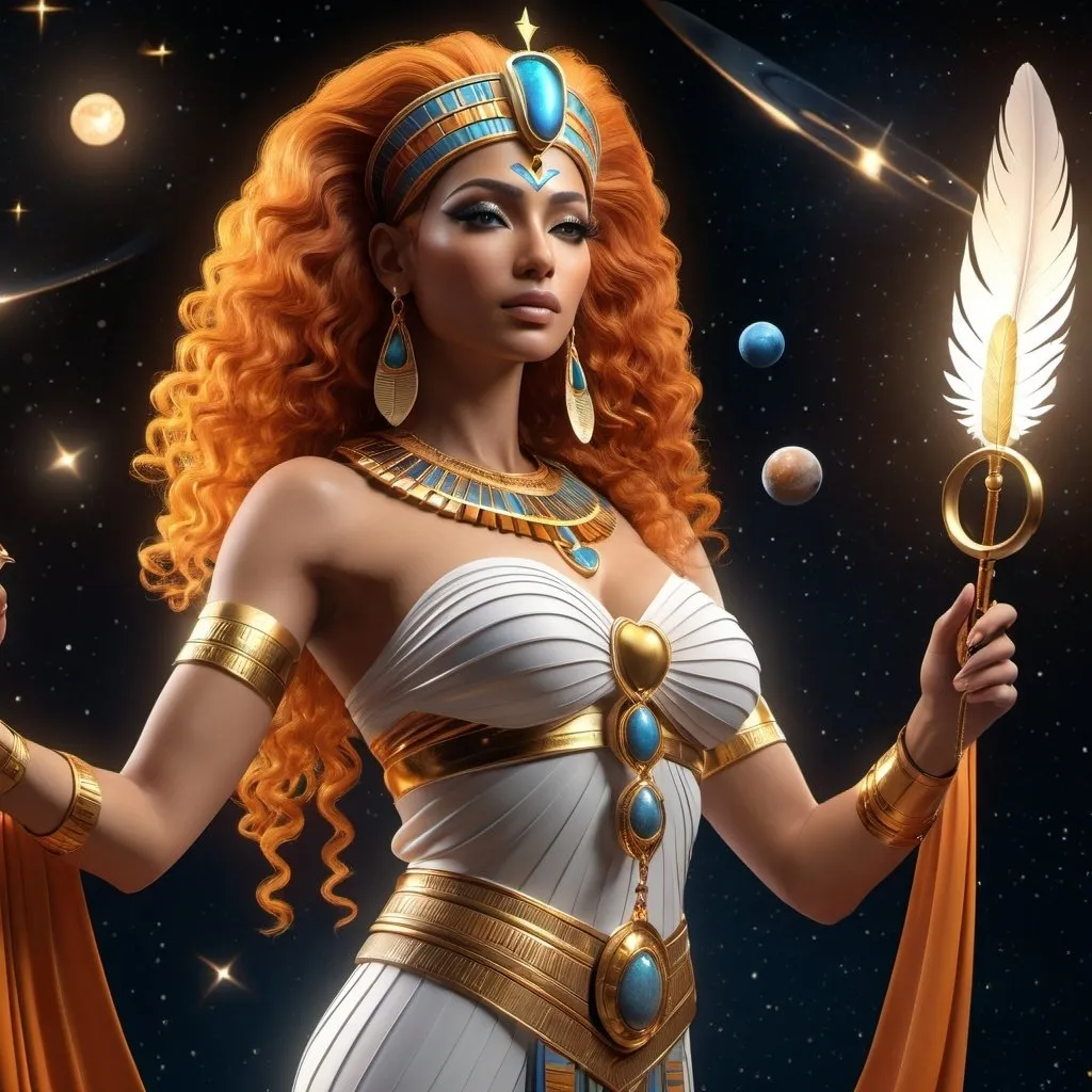 Prompt: HD 4k 3D, 8k, hyper realistic, professional modeling, ethereal Egyptian Goddess of truth, justice, order, Maat, beautiful, glowing medium skin, orange hair, mythical  clothing and jewelry, crown, Cosmos, full body, holding a heart in one hand and a feather in the other, stars, planets, Fantasy setting, surrounded by ambient divine glow, detailed, elegant, surreal dramatic lighting, majestic, goddesslike aura, octane render