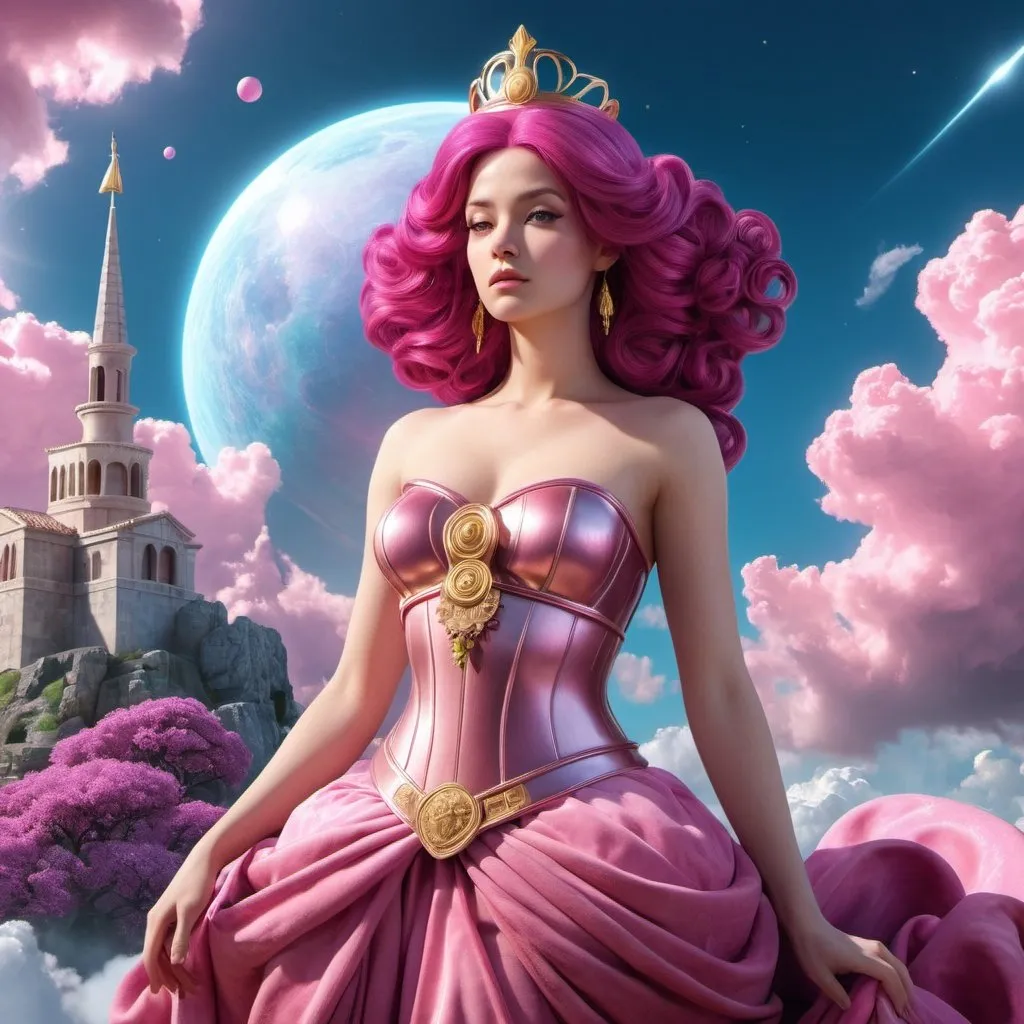 Prompt: HD 4k 3D, hyper realistic, professional modeling, enchanted magenta-haired Princess - Bubblegum, beautiful, magical, kind, castle in the clouds, detailed, elegant, ethereal, mythical, Greek goddess, surreal lighting, majestic, goddesslike aura