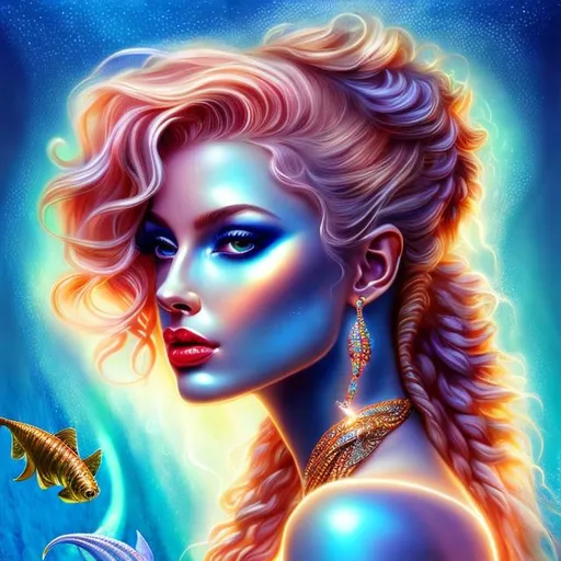Prompt: HD 4k 3D 8k professional modeling photo hyper realistic beautiful woman ethereal greek goddess African sea nymph Oceanid
orange braids hair  gorgeous face ocean jewelry sea headpiece colored mermaid tail full body surrounded by ambient glow hd landscape african ocean bright sun shining 

