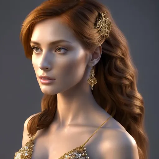 Prompt: HD 4k 3D, hyper realistic, professional modeling, ethereal  Greek goddess of oak,auburn hair, pale skin, gorgeous face, gorgeous tree dress, tree jewelry and oak handband, full body, ambient glow, oak tree nymph, landscape, detailed, elegant, ethereal, mythical, Greek, goddess, surreal lighting, majestic, goddesslike aura