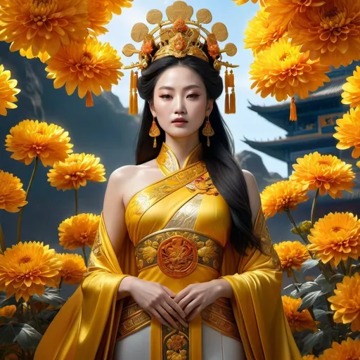 Prompt: HD 4k 3D 8k professional modeling photo hyper realistic beautiful woman enchanted ancient China Dynasty Princess Empress Phoenix, ethereal greek goddess, full body surrounded by ambient glow, magical, highly detailed, intricate, Qi dynasty, yellow gold and orange chrysanthemums, outdoor landscape, highly realistic woman, high fantasy background, elegant, mythical, surreal lighting, majestic, goddesslike aura, Annie Leibovitz style 

