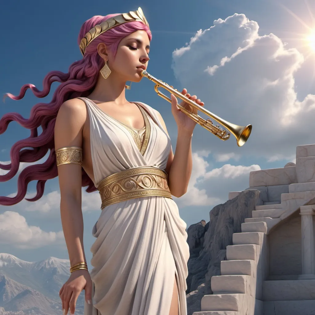 Prompt: HD 4k 3D, hyper realistic, professional modeling, ethereal Greek Muse of Musical Poetry, flowing dark pink hair, tan skin, gorgeous face, grecian flowing tunic, silver jewelry and silver headband, full body, delightful, music, playing flute, on mount olympus, detailed, elegant, ethereal, mythical, Greek, goddess, surreal lighting, majestic, goddesslike aura