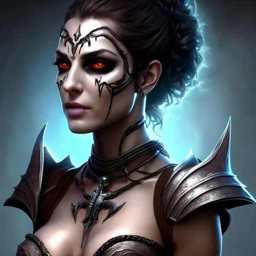 Prompt: HD 4k 3D 8k professional modeling photo hyper realistic beautiful evil barbarian woman ethereal greek goddess of punishment
indigo hair dark brown eyes tan skin gorgeous face scars shiny embroidered grecian female armor gothic jewelry gothic headpiece holding whip and skull full body surrounded by sinister glow hd landscape background weapons, skulls, divine retribution, reptiles
